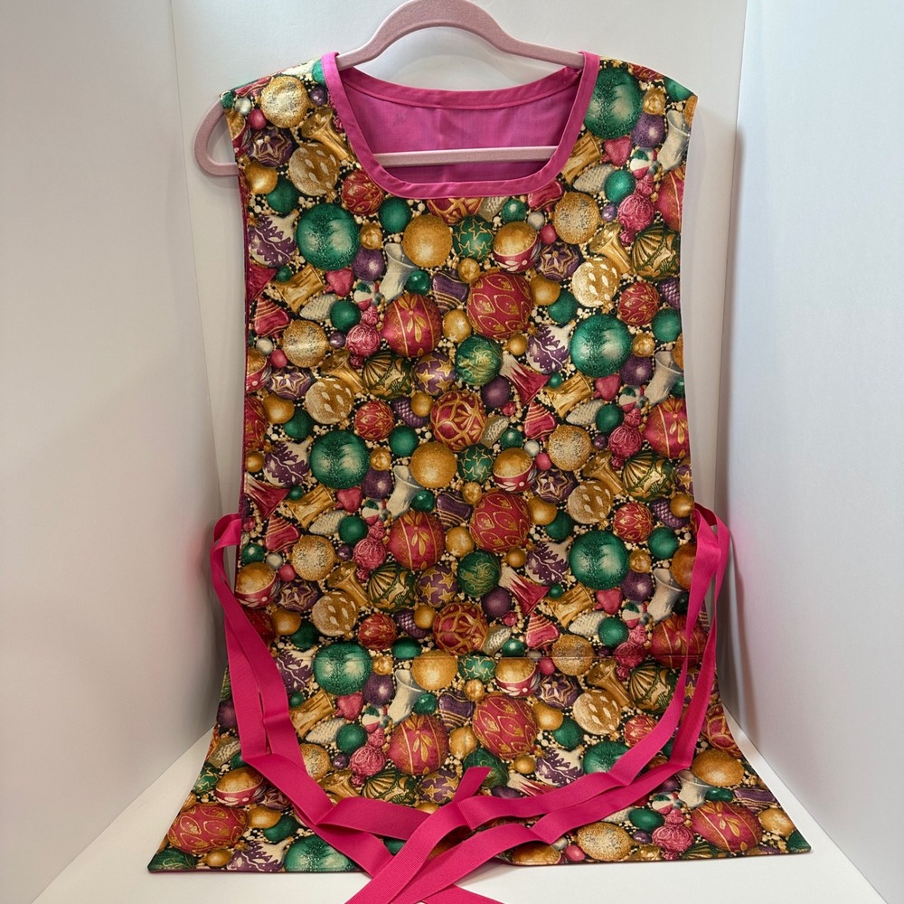 Handmade Christmas Ornament Print‎ Tabard Apron Pink Ribbon Side Ties Lined